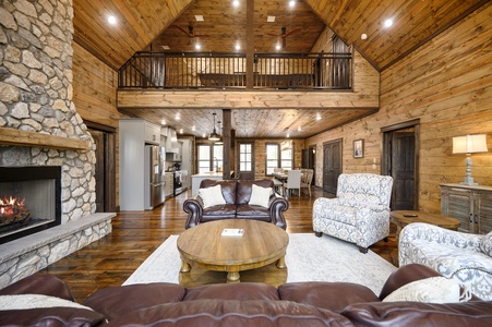 Spacious living room opens to upstairs game room loft