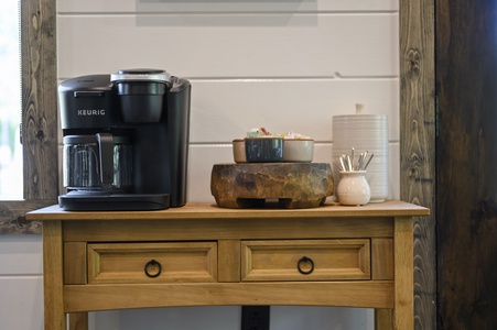 Coffee bar features a Keurig Duo coffee machine