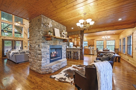 Peek thru fireplace splits living room