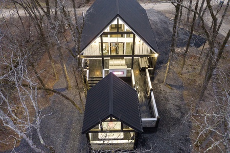 Overhead view of the cabin and hot tub gazebo
