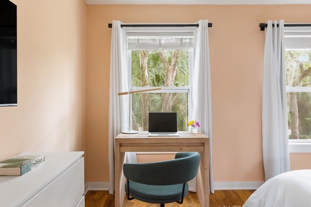 There’s a convenient work-from-home desk tucked under the window.