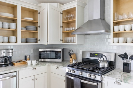 Our kitchens are always stocked with plenty of dishes, glassware and cooking utensils.