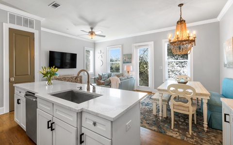 Open-concept kitchen and living area on the second floor