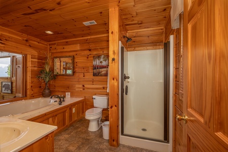 Bathroom with a jacuzzi tub and shower stall at 1 Above the Smokies, a 2 bedroom cabin rental located in Pigeon Forge