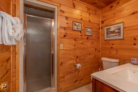 Bathroom with shower at Hillside Haven, a 1 bedroom cabin rental located in Pigeon Forge