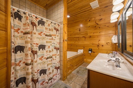 Bathroom with tub and shower at Moonbeams & Cabin Dreams, a 3 bedroom cabin rental located in Pigeon Forge