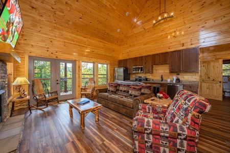 Living Room and Kitchen at Make A Splash, a 2 bedroom cabin rental located in gatlinburg