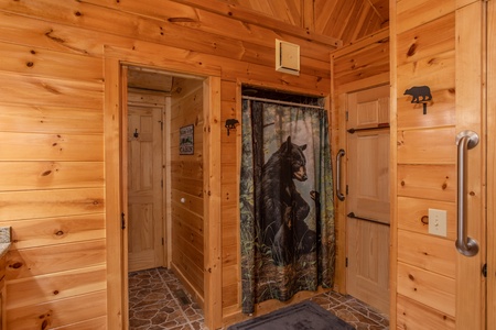 King bedroom en suite with walk in shower at Great View Lodge, a 5-bedroom cabin rental located in Pigeon Forge