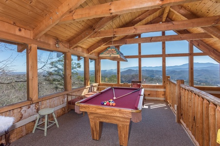 Pool table in the loft at Mountain Glory, a 1 bedroom cabin rental located in Pigeon Forge