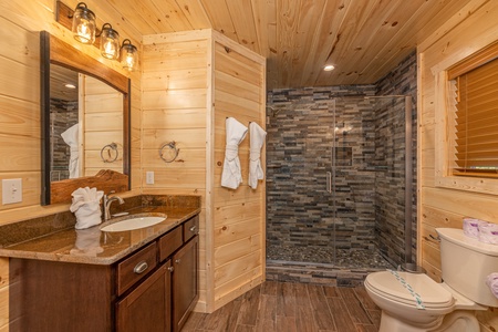 Bathroom with walk-in shower at Twin Peaks, a 5 bedroom cabin rental located in Gatlinburg