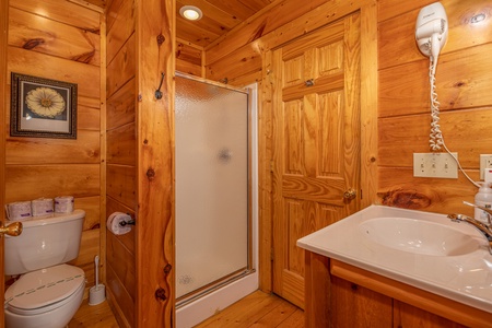 Bathroom with a shower stall at Firefly Ridge, a 2 bedroom cabin rental located in Pigeon Forge