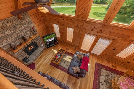 Aerial living room view at Mountain Lake Getaway, a 3 bedroom cabin rental located at Douglas Lake