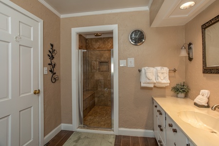 Bathroom with separate sink and shower area at Best View Ever! A 5 bedroom cabin rental in Pigeon Forge