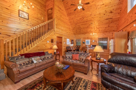 Seating in the living room at Grand View, a 3 bedroom cabin rental located in Sevierville