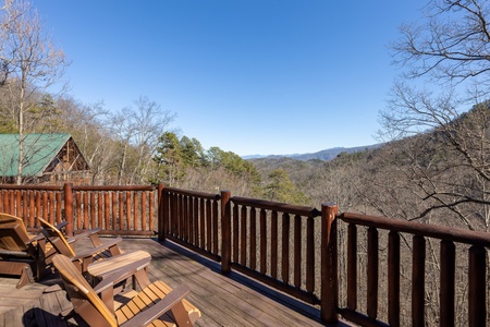 Adirondack chairs on a deck at Hatcher Mountain Retreat a 2 bedroom cabin rental located in Pigeon Forge