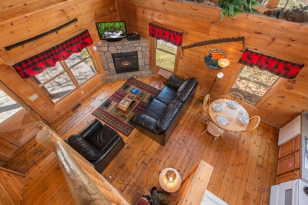 Looking down at the main floor at Lumber Jack Lodge, a 1 bedroom cabin rental located in Gatlinburg