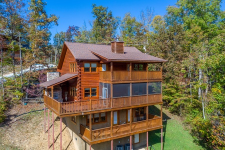 Drone view of the back of the cabin at Sensational Views, a 3 bedroom cabin rental located in Gatlinburg