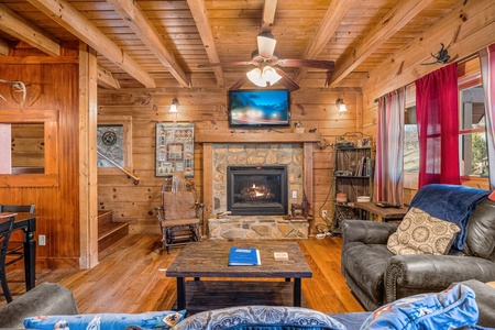 Living room with a fireplace and TV at A Beary Nice Cabin, a 2 bedroom cabin rental located in Pigeon Forge