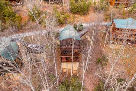 Exterior drone view at Natural Wonder, a 4 bedroom cabin rental located in Gatlinburg