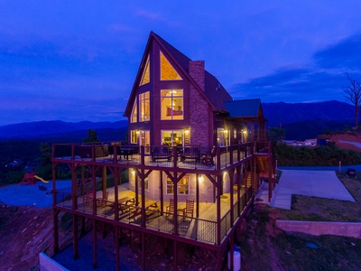Dusk view of The Best View Lodge, a 5 bedroom cabin rental located in gatlinburg