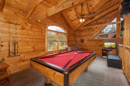 Pool table in the loft at Livin' Simple, a 2 bedroom cabin rental located in Pigeon Forge