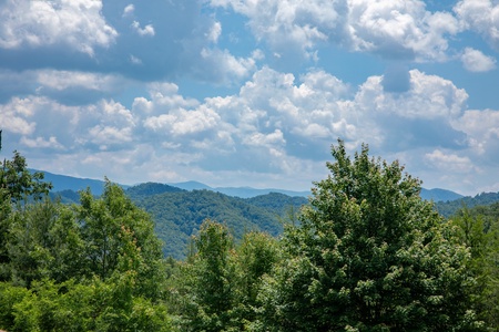 Mountains and trees from the deck at God's Country, a 4 bedroom cabin rental located in Pigeon Forge