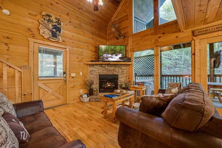 Living room fireplace at Lazy Bear Lodge