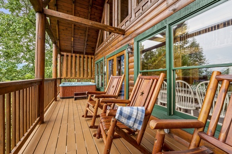 Deck with Adirondack Chairs and Hot Tub at Bear Sunrise