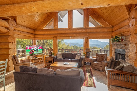 Living Room With Seating and Incredible Mountain View at Grizzly's Den, a 5 bedroom cabin rental located in gatlinburg