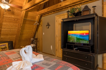 Tv in Lofted Bedroom at Soaring Heights