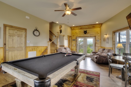 Seating and pool table at The Best View Lodge, a 5 bedroom cabin rental located in gatlinburg