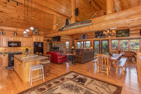 Looking into the open concept first floor at Great View Lodge, a 5-bedroom cabin rental located in Pigeon Forge