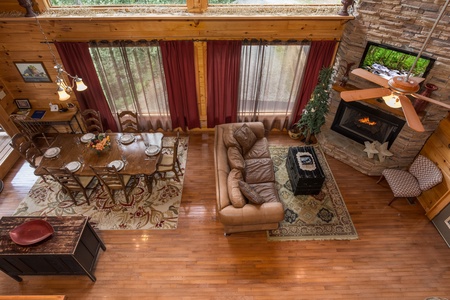 Looking down at the main floor at Laid Back, a 2 bedroom cabin rental located in Pigeon Forge