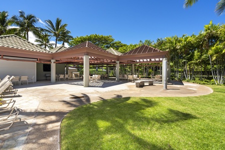 Shaded open air pavilion by the pool.