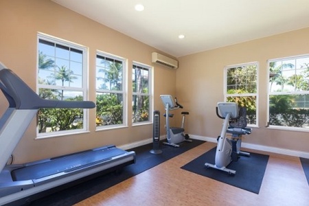 Bright gym with cardio equipment and views of greenery