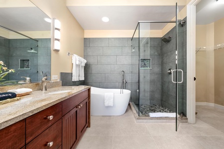 Remodeled primary bathroom with double vanity, walk-in shower, and soaking tub