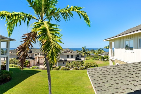 Stylish lawn with coastal views and swaying palm trees.