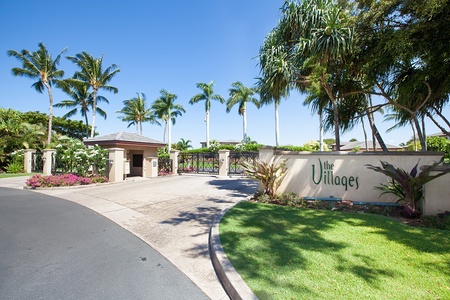 Gated entrance to The Villages with tropical palm lined drive.