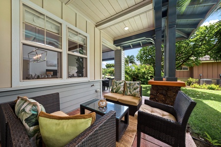 Covered lanai with tropical landscaping