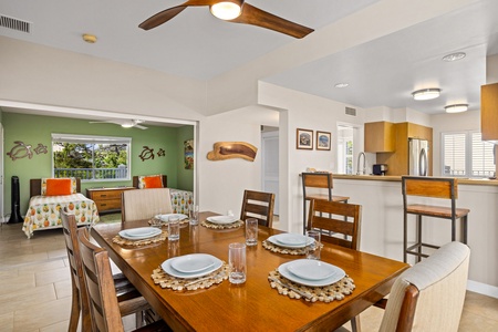 Dining table for six, perfect for dining, games or remote work area.