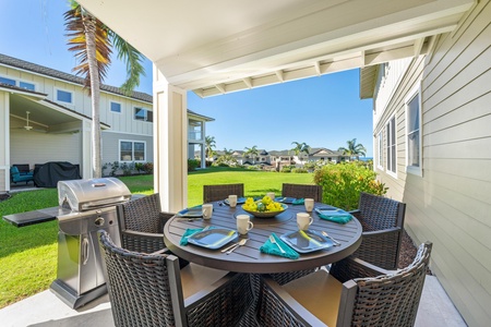 - Dine outdoors in style at this shaded patio set with seating for six guests - Surrounded by palm trees and open green lawns in a peaceful resort setting - Gas grill nearby makes this the perfect space for sunset barbecues