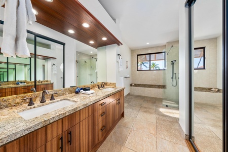 Primary bathroom featuring granite countertops and walk-in shower