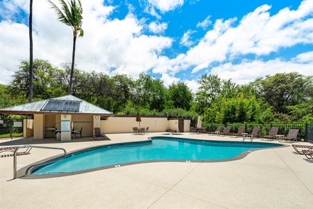 Peaceful pool surrounded by greenery.