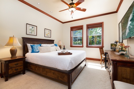 - Bedroom with king bed, crisp white bedding, and tropical accent pillows   - Ceiling fan, wooden furnishings, and soft lighting add comfort and charm   - Double windows bring in beautiful garden views and island breezes