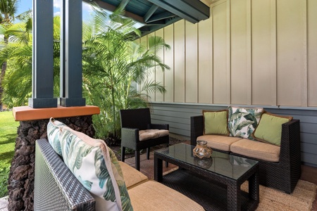 Covered lanai with tropical landscaping