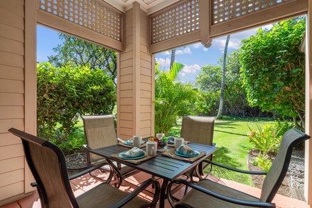 Your private covered patio offers the perfect tropical breakfast spot, with lush garden views and gentle morning light filtering through.