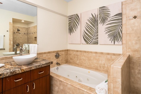 Primary bathroom with double vanity, walk-in shower, and soaking tub