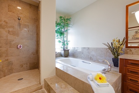 - Spa inspired tub surrounded by polished marble tile offers a stylish place to unwind - Fresh folded towels topped with a tropical flower provide a thoughtful, welcoming touch - Glass shower enclosure & potted greenery complete the tranquil bathing space