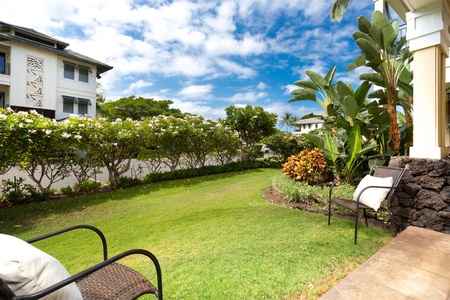 Peaceful garden view with outdoor seating surrounded by vibrant plants.