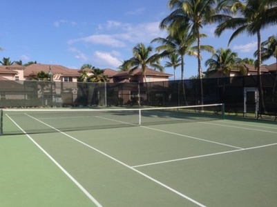 Full size tennis court surrounded by palm trees and privacy fence